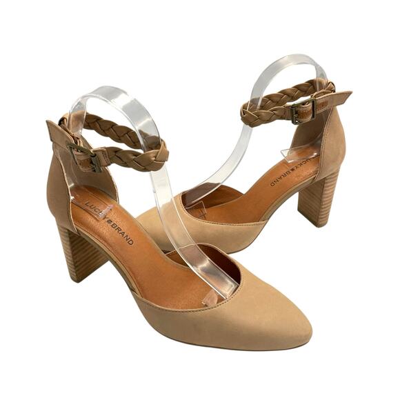 Lucky Brand Memyia Kainda Neutral Nubuck Leather Braided Ankle Strap Pumps - Picture 1 of 12